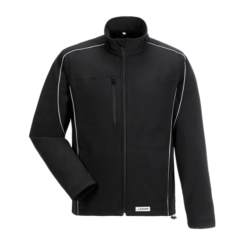 Planam Twilight Softshelljacke mit Reflexbiesen in Schwarz, Frontansicht mit Stehkragen, Reißverschluss und Brusttasche