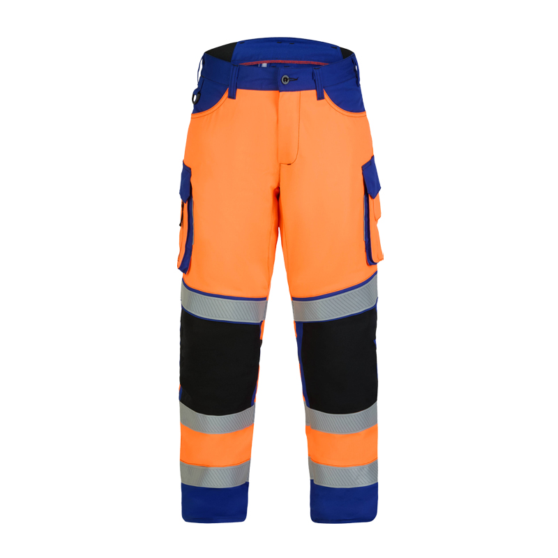 Rofa Warnschutzhose in Orange und Blau mit Reflexstreifen, Seitentaschen und schwarzen Knieverstärkungen
