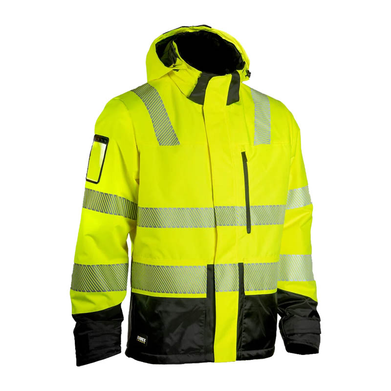 Dimex 6151Y Winter Warnschutz Shell Jacke mit Kapuze Klasse 2, gelb-schwarze Arbeitsjacke mit Reflexstreifen