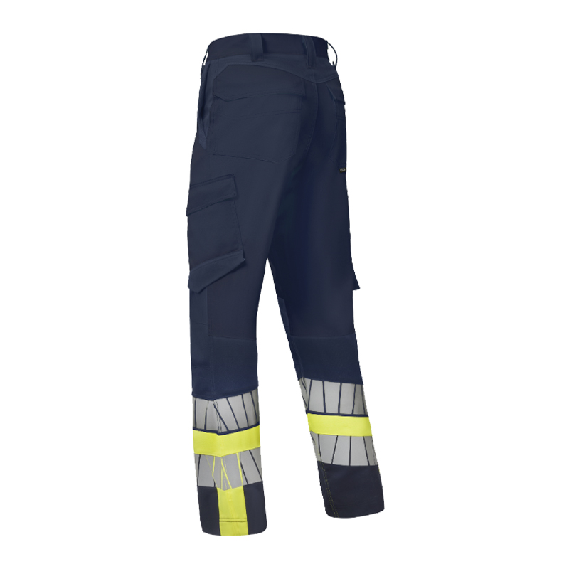 HaVeP Arbeitshose in Navyblau mit Cargo-Taschen, reflektierenden Streifen und gelben Warnschutz-Einsätzen an den Beinabschlüssen