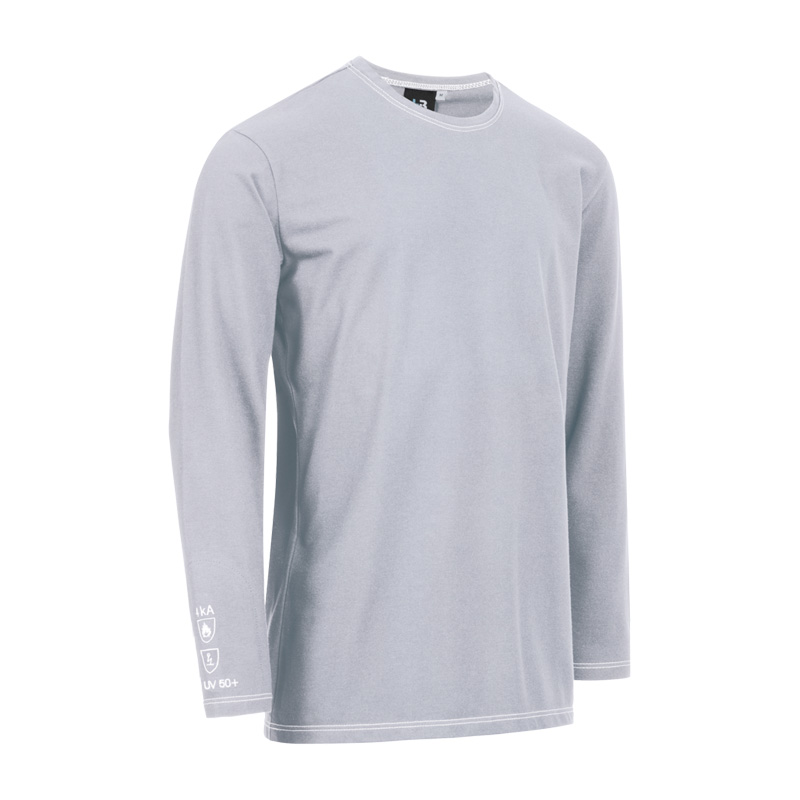 Hellgraues HB MODarc MultiNorm T-Shirt 4 kA | APC1 von HB Protective Wear als Langarmshirt mit Rundhalsausschnitt