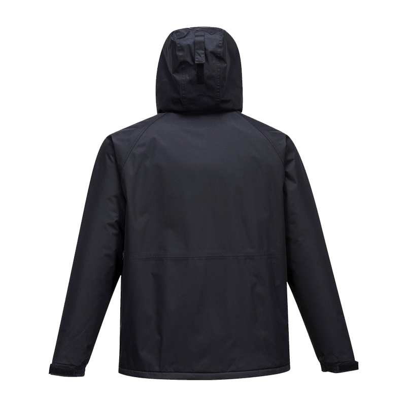 Rückansicht einer schwarzen PortWest Jacke mit Kapuze und langen Ärmeln, funktionale Outdoor- und Arbeitsjacke