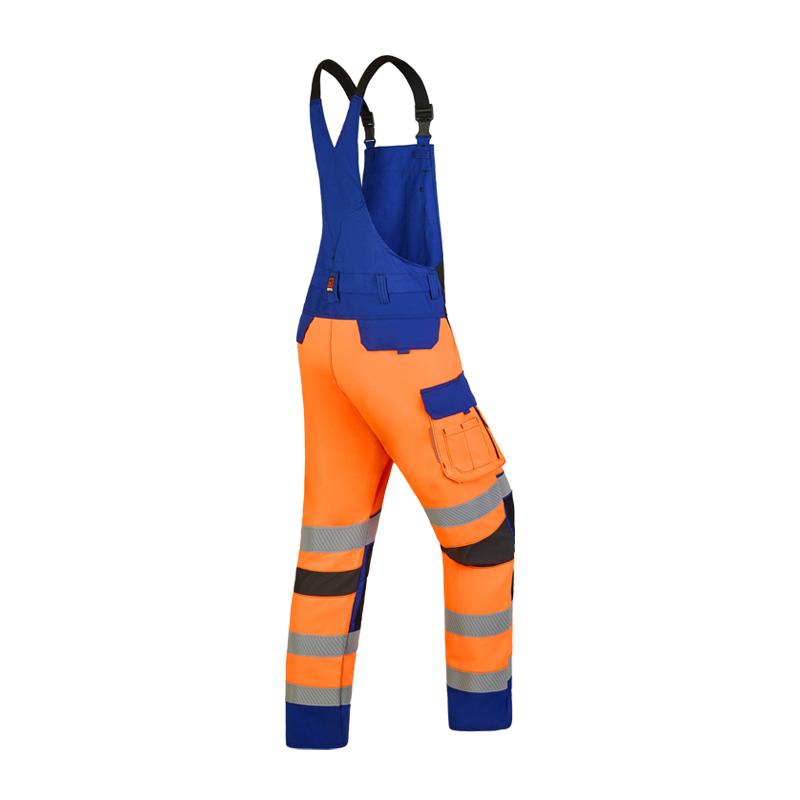 Rofa Warnschutz-Latzhose in Orange und Blau mit Reflexstreifen, Knietaschen und Seitentasche für hohe Sichtbarkeit bei der Arbeit
