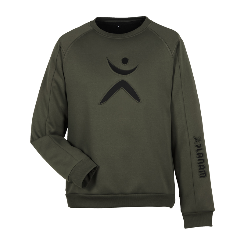 Planam Sweater Sweat-Shirt mit 3D Print in Olivgrün, Frontansicht mit markantem 3D-Logo auf der Brust und Planam-Schriftzug am Ärmel
