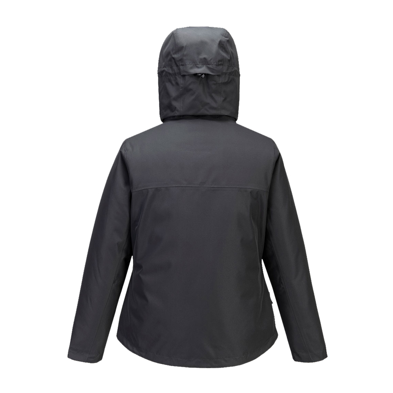 Rückansicht einer schwarzen PortWest Jacke mit Kapuze, funktionelle Outdoor- und Arbeitsjacke