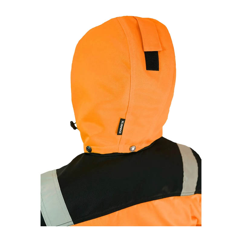 Rückansicht der Dimex 6239 Warnschutz Kapuze in Orange, abnehmbar und passend für Dimex 6175R Winterjacke und 6203R Winteroverall