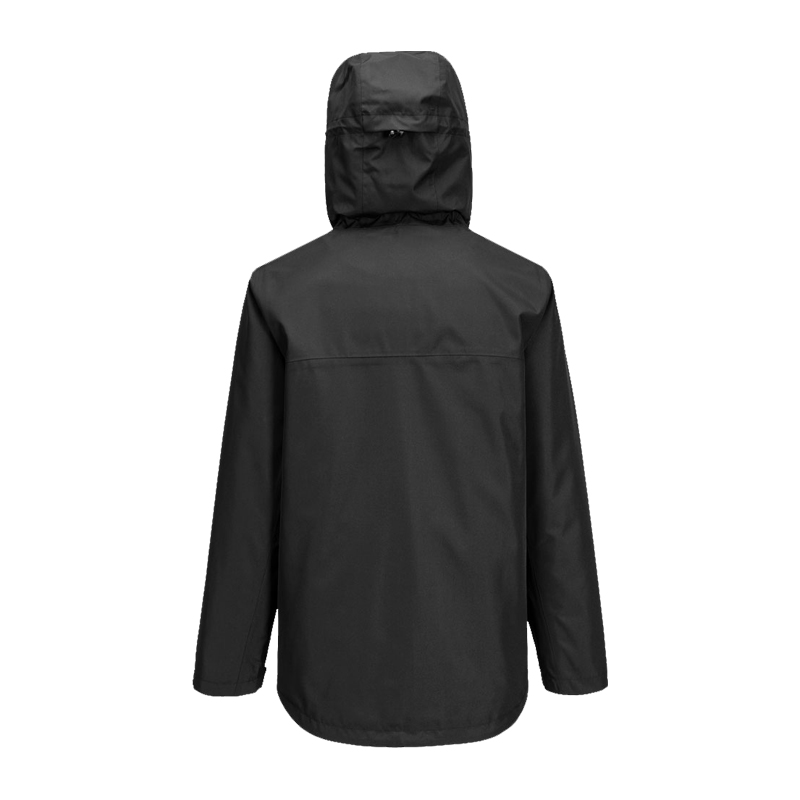 Rückansicht einer schwarzen PortWest Jacke mit Kapuze, leichte wetterfeste Outdoor- und Arbeitsjacke