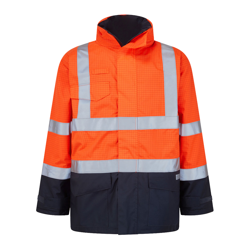 PortWest Warnschutzjacke in Orange/Marine mit umlaufenden Reflexstreifen, Kapuze und Fronttaschen, ideal für Arbeiten mit hoher Sichtbarkeit
