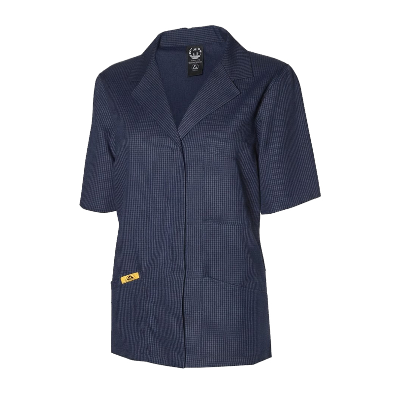 Dunkelblaue Mimoza ESD Damen Jacke kurzarm mit Kragen und Taschen für EPA-Bereiche 10⁵ bis 10⁷ Ohm, gemäß EN 61340