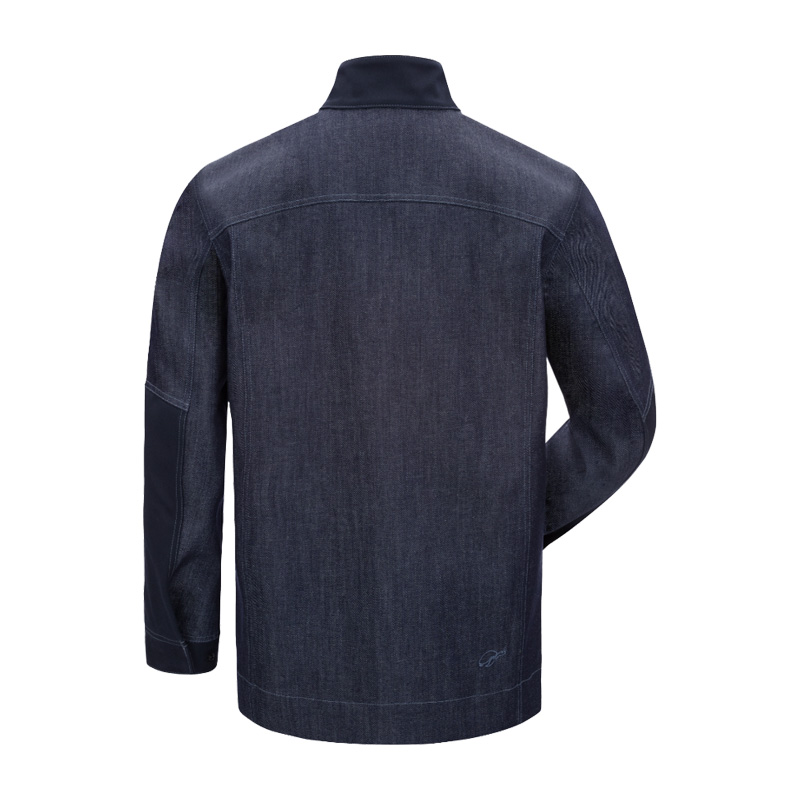 Rückenansicht der HB ComFlex Aramid Schweißer Stretch Jacke Klasse 2 von HB Protective Wear in Dunkelblau mit Stretch-Einsätzen für Schutz und Bewegungsfreiheit
