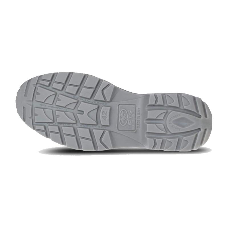 Unteransicht der profilierten Laufsohle des FTG Legend S3 Sicherheitstiefels metallfrei aus der Comfort Line mit rutschhemmendem Sohlenprofil