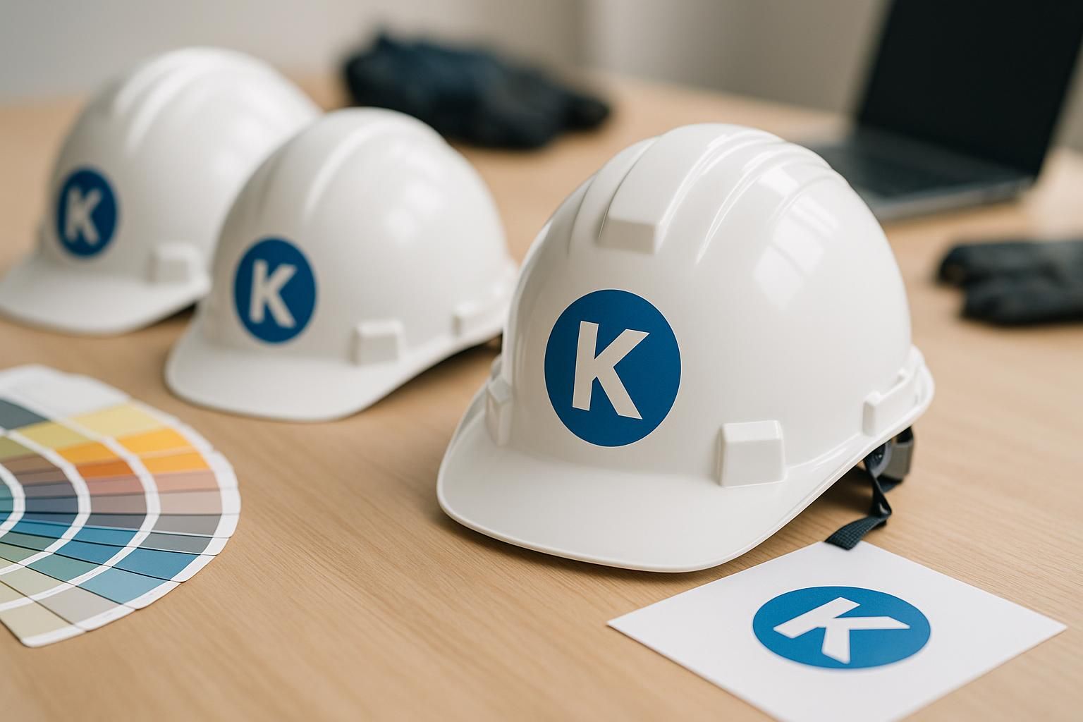 Drei weiße Schutzhelme mit blauem K-Logo auf einem Tisch, ideal als Arbeitshelm für Baustelle, Handwerk und Industrie