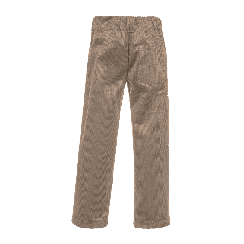 Rückansicht der Oyster Kinder Zunfthose Timas aus Bio Feincord in Beige mit Gesäßtasche und seitlicher Zollstocktasche