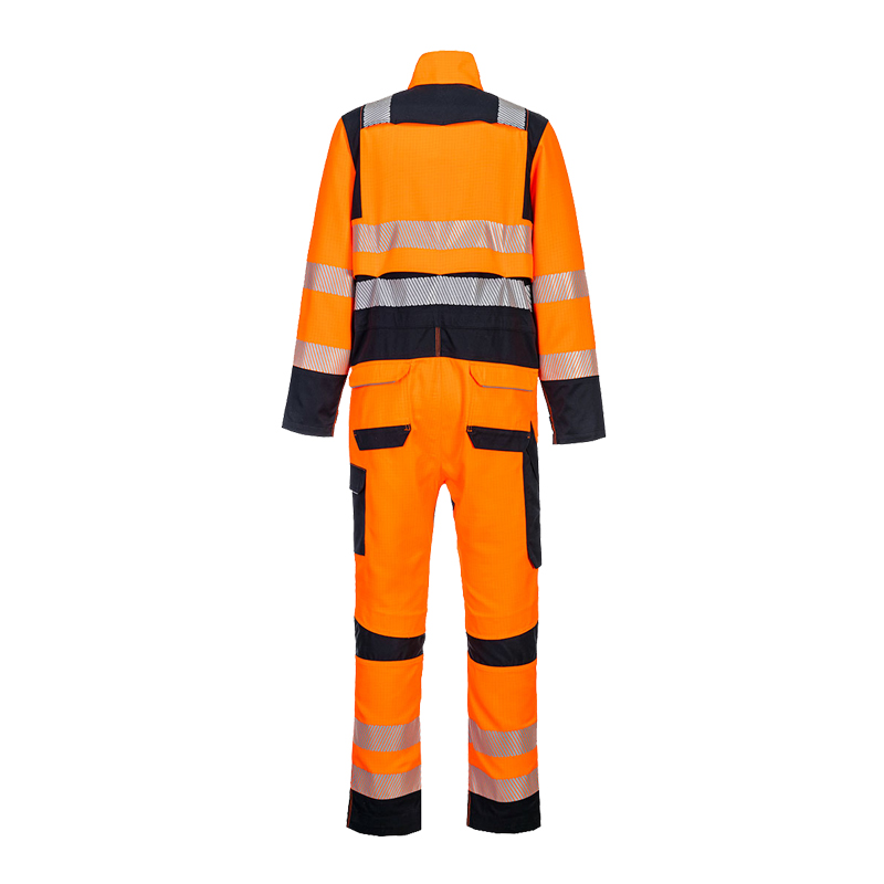 Rückansicht eines PortWest Warnschutz-Overalls in Orange und Navy mit reflektierenden Streifen und Taschen