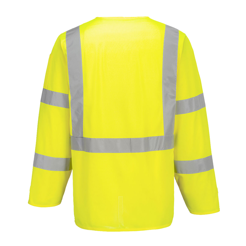 Rückansicht eines gelben PortWest Warnschutz-Langarmshirts mit umlaufenden silbernen Reflexstreifen für hohe Sichtbarkeit bei der Arbeit