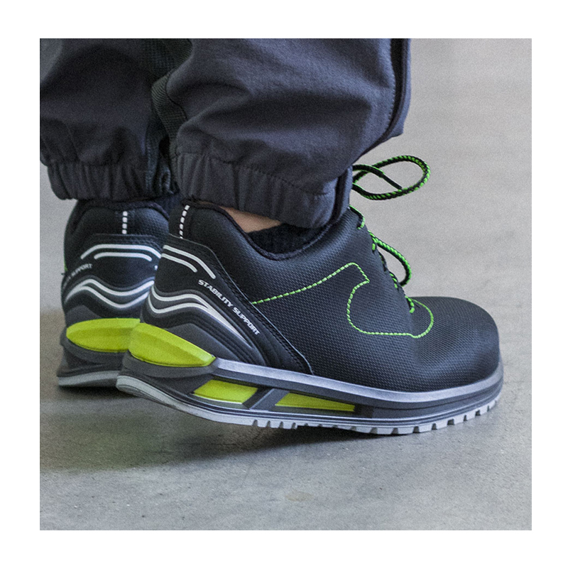 Giasco 3Hybrid ESD Fiji S3L Sicherheitsschuhe, niedrige metallfreie Arbeitsschuhe mit 3HYBRID PU-Sohle, max. Dämpfung und ESD-Ausstattung in Schwarz mit grünen Details