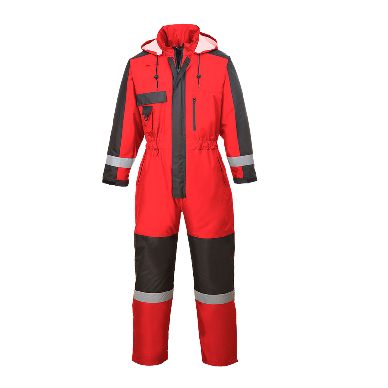 PortWest Arbeits-Overall in Rot-Schwarz mit Kapuze, Reißverschluss, Brusttaschen und Reflexstreifen