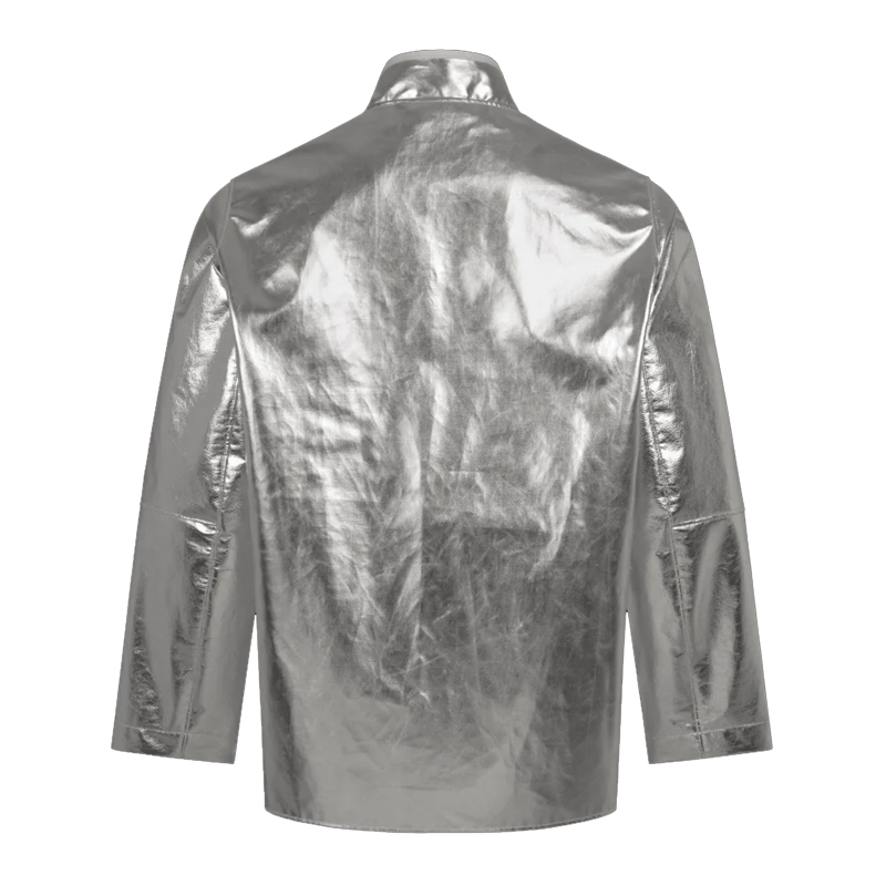 Rückenansicht einer silbernen Hitzeschutzjacke von HB Protective Wear mit langem Arm und Stehkragen