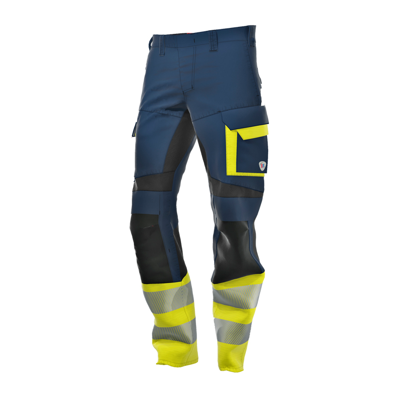 BP Bierbaum Proenen BP 2215 Hi-Vis MultiNorm Hybrid Hose 4 kA | APC1, dunkelblaue Warnschutzhose mit gelben Kontrastbereichen, Reflexstreifen und Seitentasche