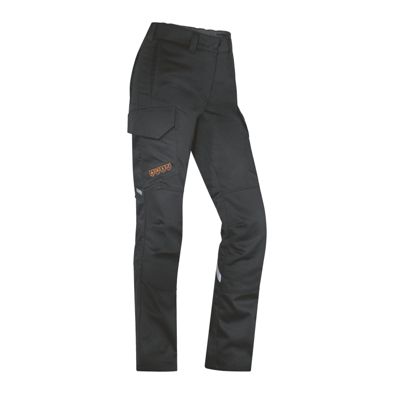 Schwarze Uvex suXXeed Arc Damen MultiNorm Hose 4 kA + 7 kA APC2 mit Seitentasche, abgebildet als Arbeits- und Schutz hose für Damen