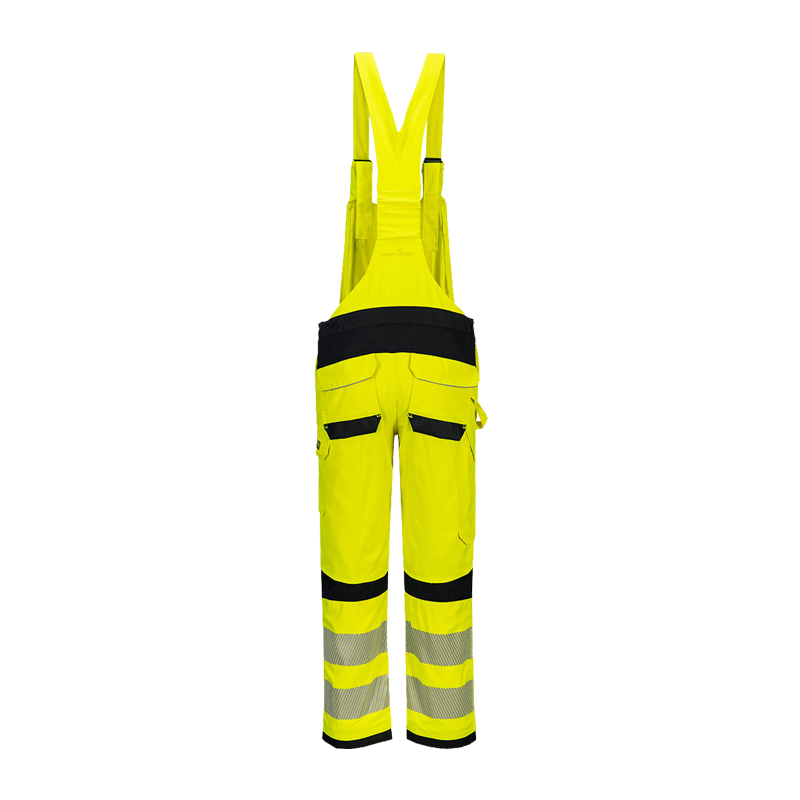 Rückansicht einer gelben Portwest Warnschutz-Latzhose mit Hosenträgern, schwarzen Kontrasten und Reflexstreifen für hohe Sichtbarkeit bei der Arbeit