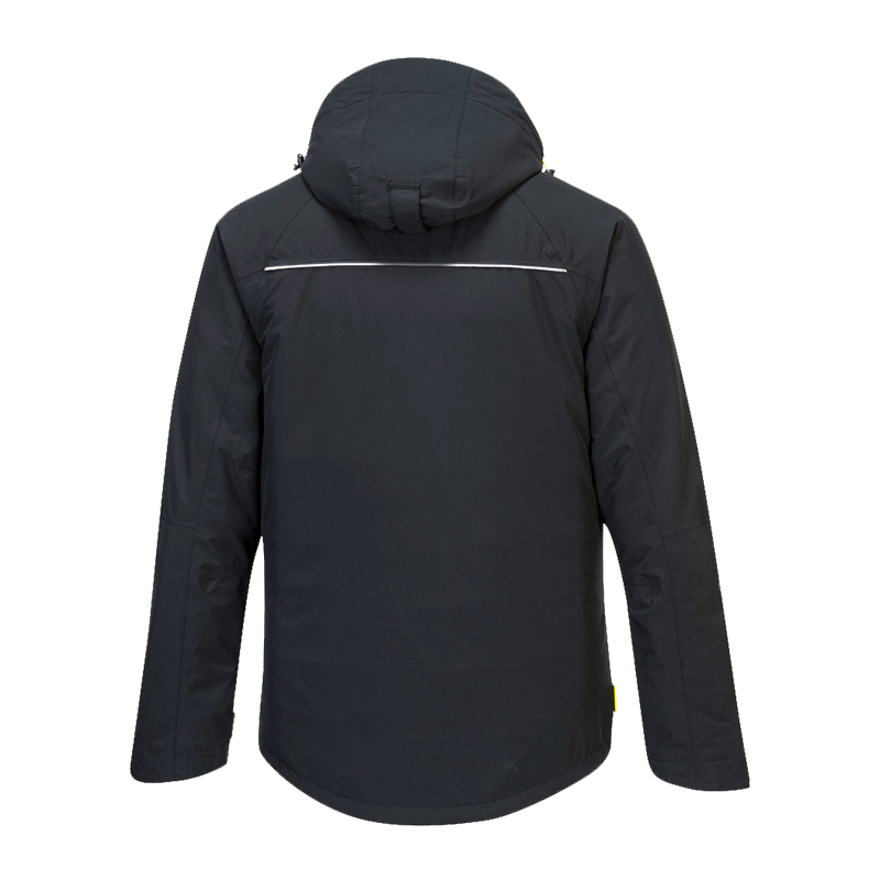 Rückansicht einer schwarzen PortWest Jacke mit Kapuze und reflektierendem Detail im Schulterbereich