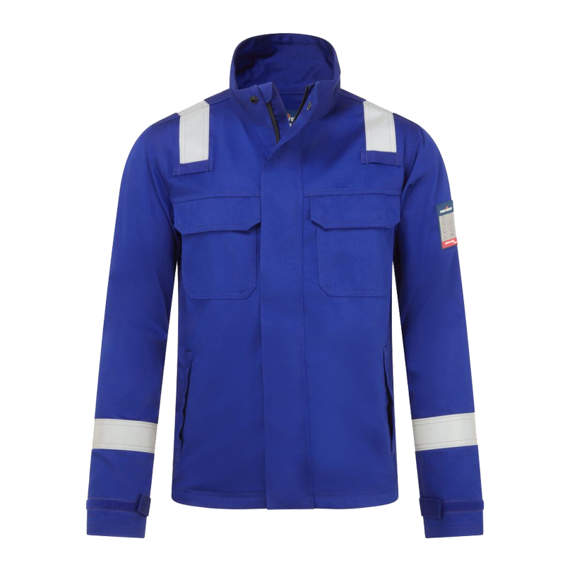 PortWest blaue Arbeitsjacke mit Reflexstreifen an Schultern und Ärmeln, Stehkragen und Brusttaschen