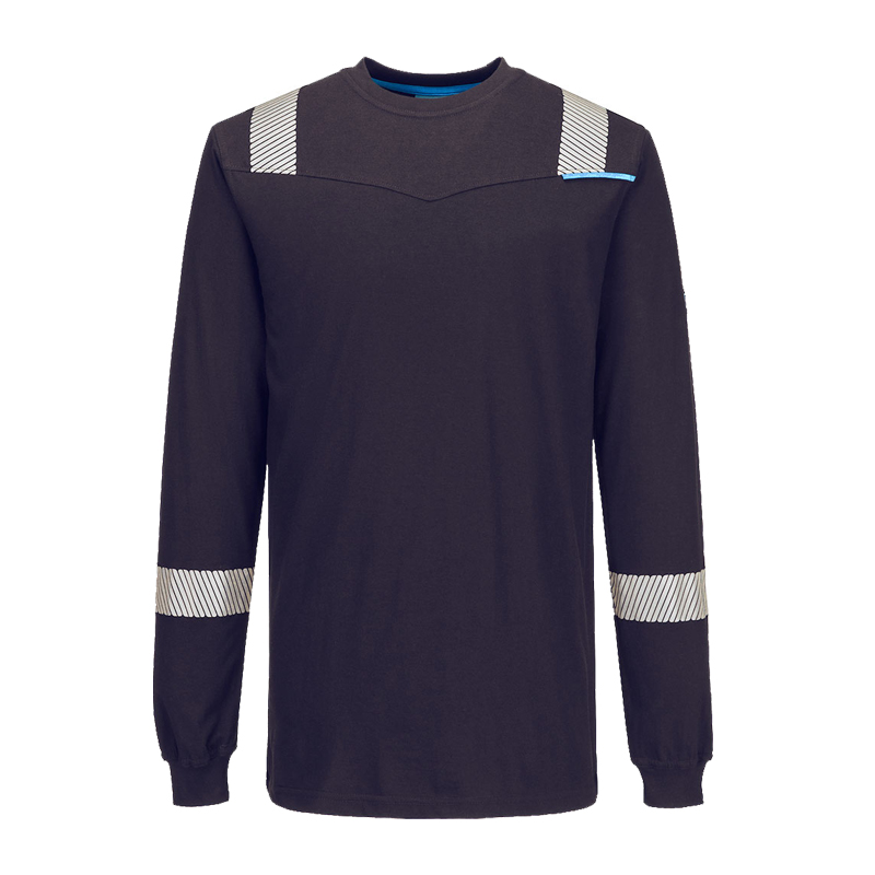 PortWest Langarm-Arbeitsshirt in Dunkelblau mit reflektierenden Schulter- und Ärmeleinsätzen, Frontansicht
