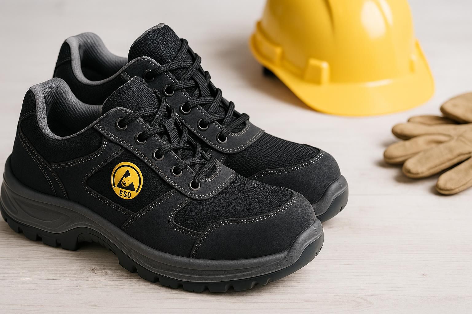 Paar schwarze ESD-Sicherheitsschuhe mit Schnürung und profilierter Sohle, daneben gelber Schutzhelm und Arbeitshandschuhe