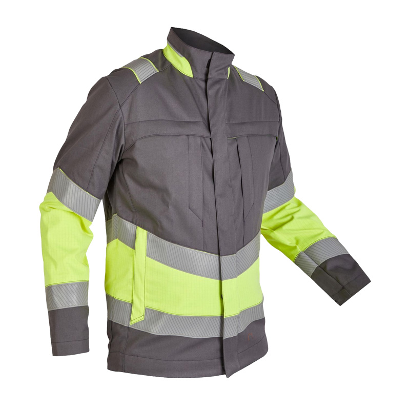 Rofa Multi-Light HI-VIS I 2534 MultiNorm Jacke 4 kA + 7 kA | APC2, graue Warnschutzjacke in Neongelb mit Reflexstreifen und Stehkragen