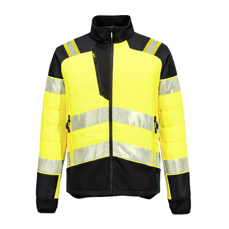 PortWest Warnschutzjacke in Gelb-Schwarz mit durchgehendem Reißverschluss, Stehkragen und umlaufenden Reflexstreifen, Frontansicht