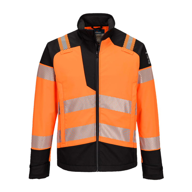 PortWest Warnschutzjacke in Orange-Schwarz mit Reißverschluss und reflektierenden Streifen, Frontansicht