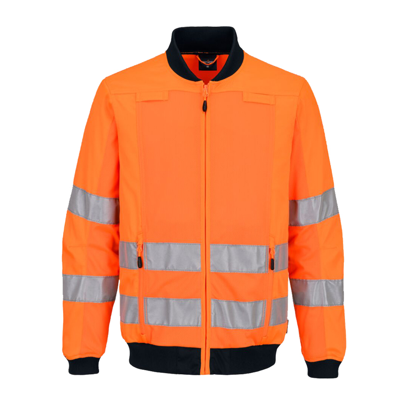 PortWest Warnschutzjacke in leuchtendem Orange mit umlaufenden silbernen Reflexstreifen, Reißverschluss und dunklen Bündchen, Frontansicht