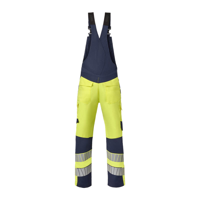 HaVeP Warnschutz-Latzhose in Gelb und Navy, zweifarbig mit Reflexstreifen, verstellbaren Trägern und praktischen Arbeitstaschen