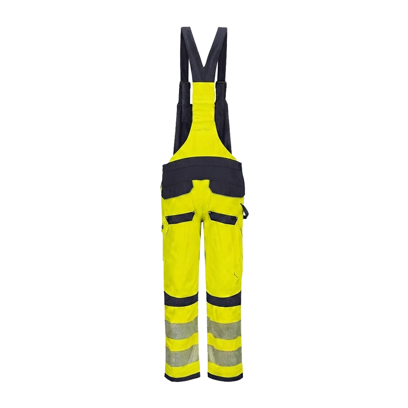 PortWest Warnschutz-Latzhose in Gelb und Marineblau mit Hosenträgern, Taschen und Reflexstreifen für hohe Sichtbarkeit bei der Arbeit