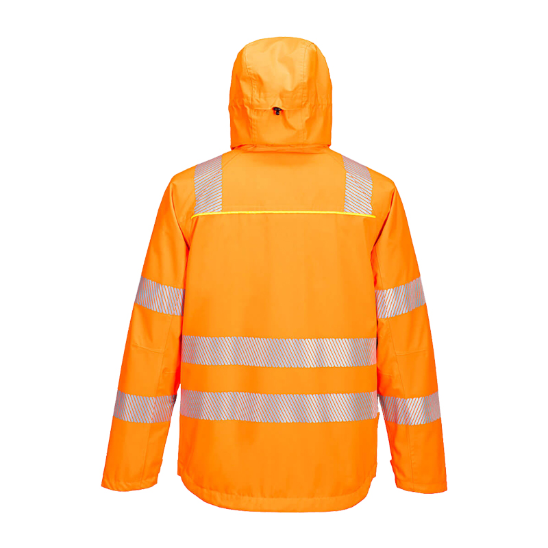 Rückansicht der PortWest DX430 Insulatex Warnschutz Stretch Winterjacke in Orange, wasserdicht, mit Kapuze und Reflexstreifen