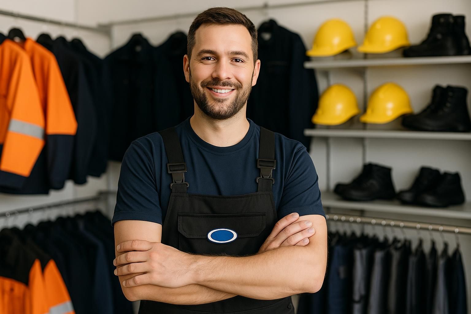 Mitarbeiter trägt schwarze Arbeitslatzhose im Shop für Arbeitskleidung, mit gelben Schutzhelmen, Sicherheitsschuhen und Warnschutzjacken im Hintergrund