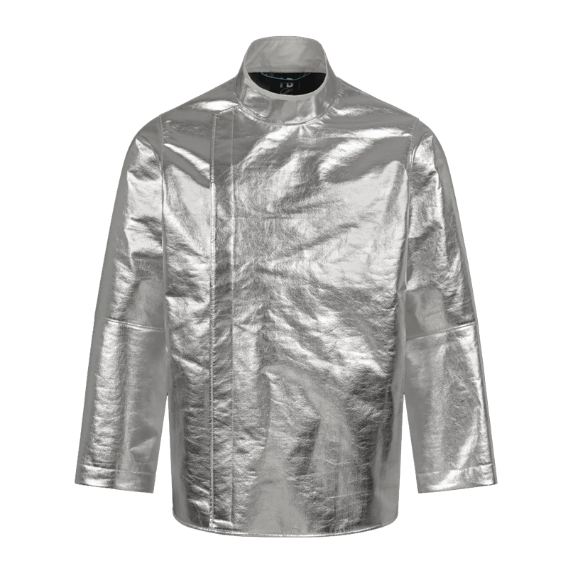 Silberne Hitzeschutzjacke von HB Protective Wear mit Stehkragen und langen Ärmeln, ideal als Schutzkleidung für Arbeiten bei hoher Hitzeeinwirkung