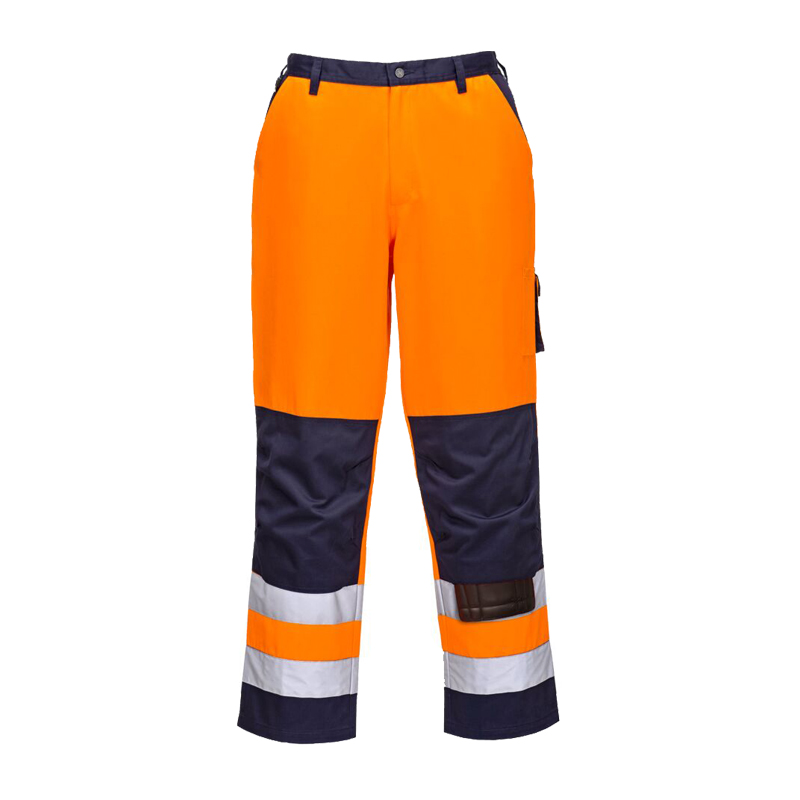 PortWest Warnschutzhose in Orange und Navy, zweifarbig mit Reflexstreifen und Seitentasche, ideal für gut sichtbare Arbeitskleidung