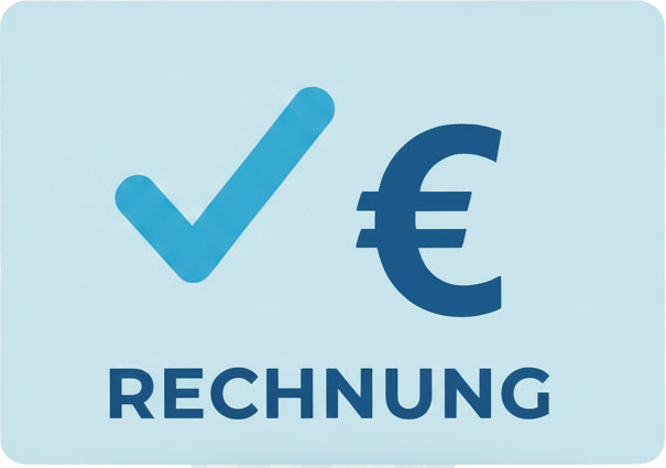 Symbolbild für Zahlungsmethode Rechnung: blaues Häkchen, Euro-Zeichen und Schriftzug „Rechnung“