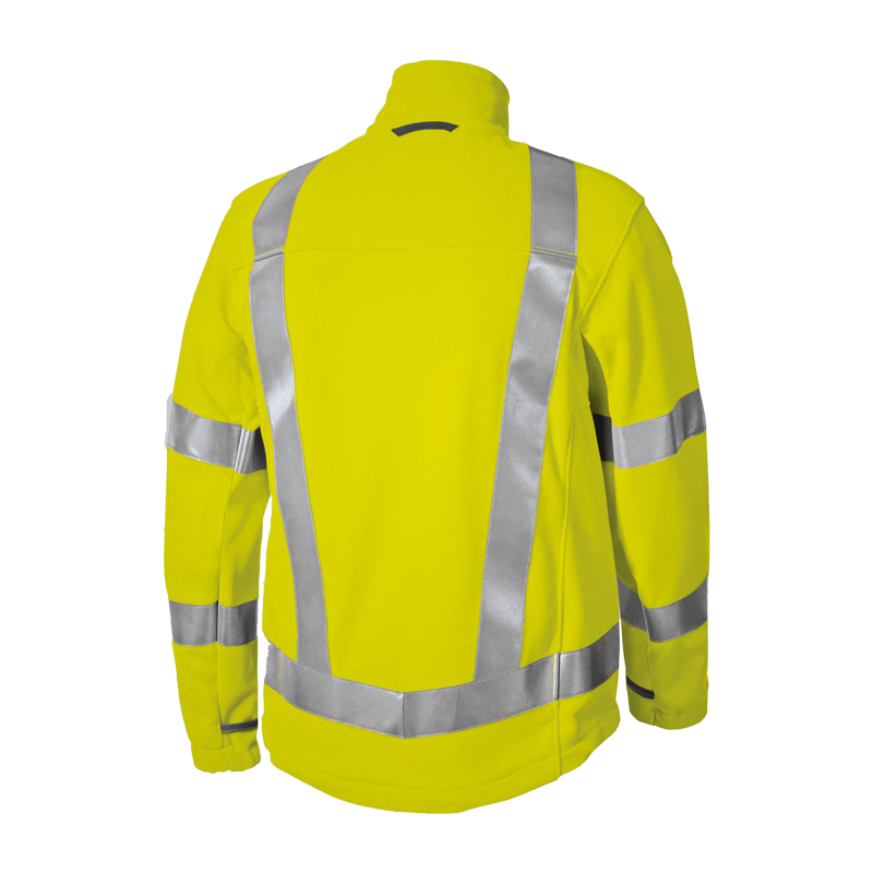 Rückansicht der BP 2025 Warnschutz Fleece Jacke Klasse 3 von BP Bierbaum Proenen in leuchtendem Gelb mit umlaufenden silbernen Reflexstreifen