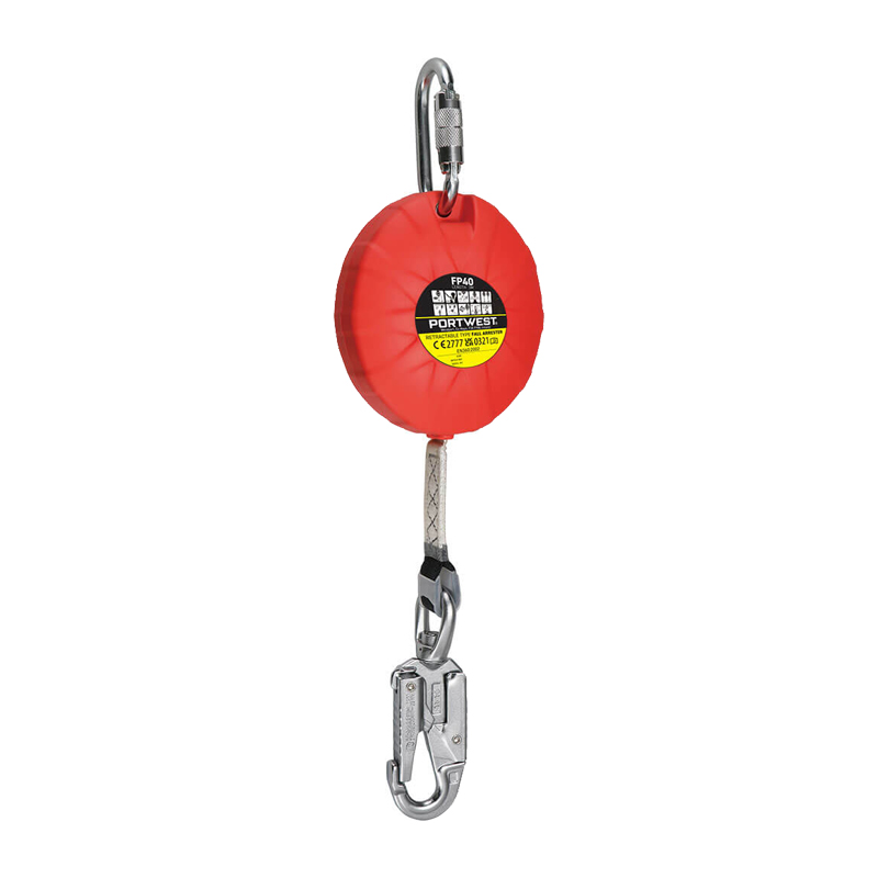 PortWest FP40 selbstaufrollendes Höhensicherungsgerät 3 m mit rotem Gehäuse, Stahlkarabiner, Gurtband und Karabinerhaken mit Sicherheitsverriegelung