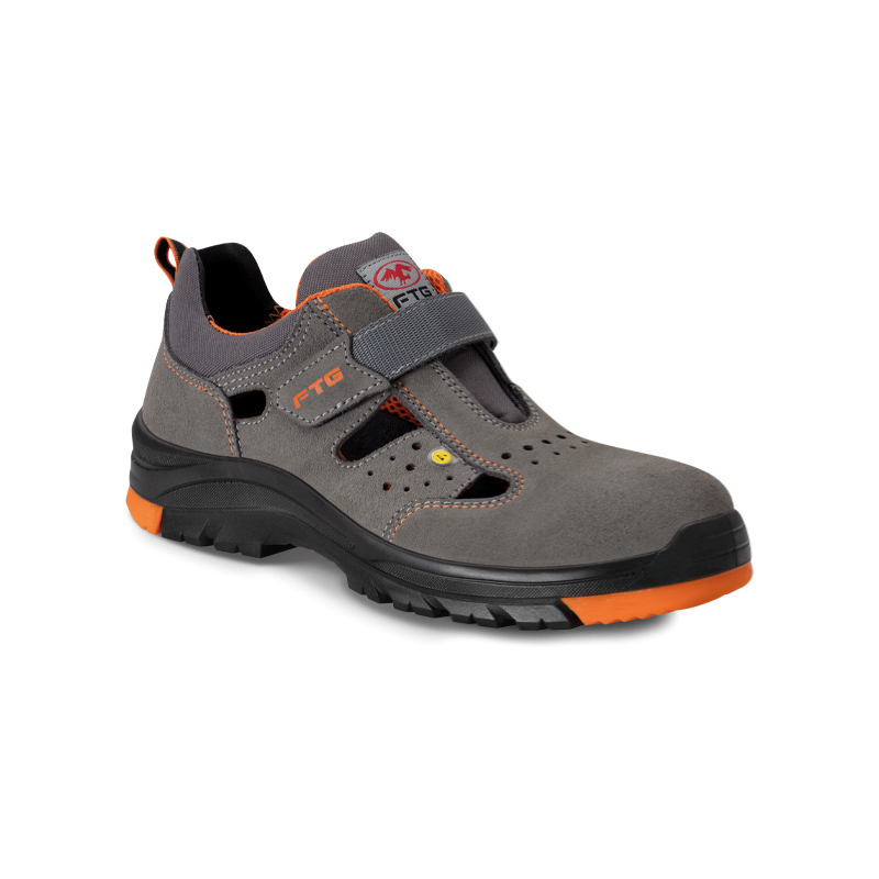 FTG Neptune S1P ESD Sicherheitssandale metallfrei, graues Velourleder mit Belüftungsöffnungen, Klettverschluss und schwarzer Sohle mit orangefarbenen Akzenten, Gemini Line