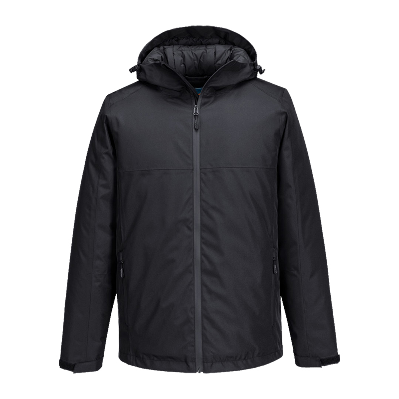 PortWest schwarze Herrenjacke mit Kapuze, durchgehendem Reißverschluss und seitlichen Taschen, ideal als wetterfeste Arbeits- oder Outdoorjacke