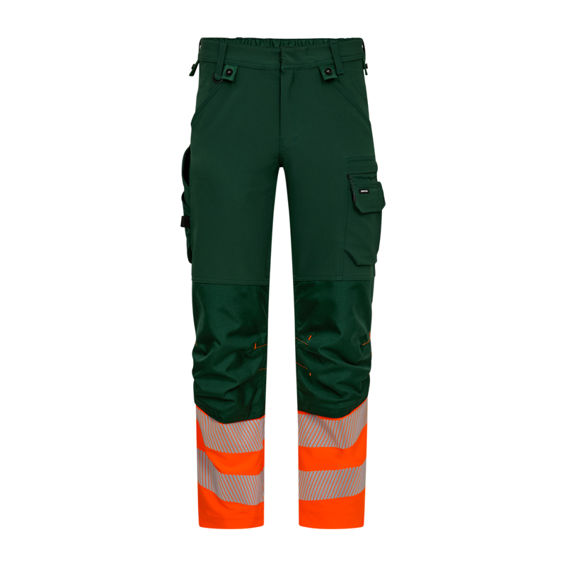 ENGEL Safety Stretch Warnschutz Hose Klasse 1 | 2346-124, grüne Arbeitshose mit orangefarbenen Beinabschlüssen und Reflexstreifen, Vorderansicht