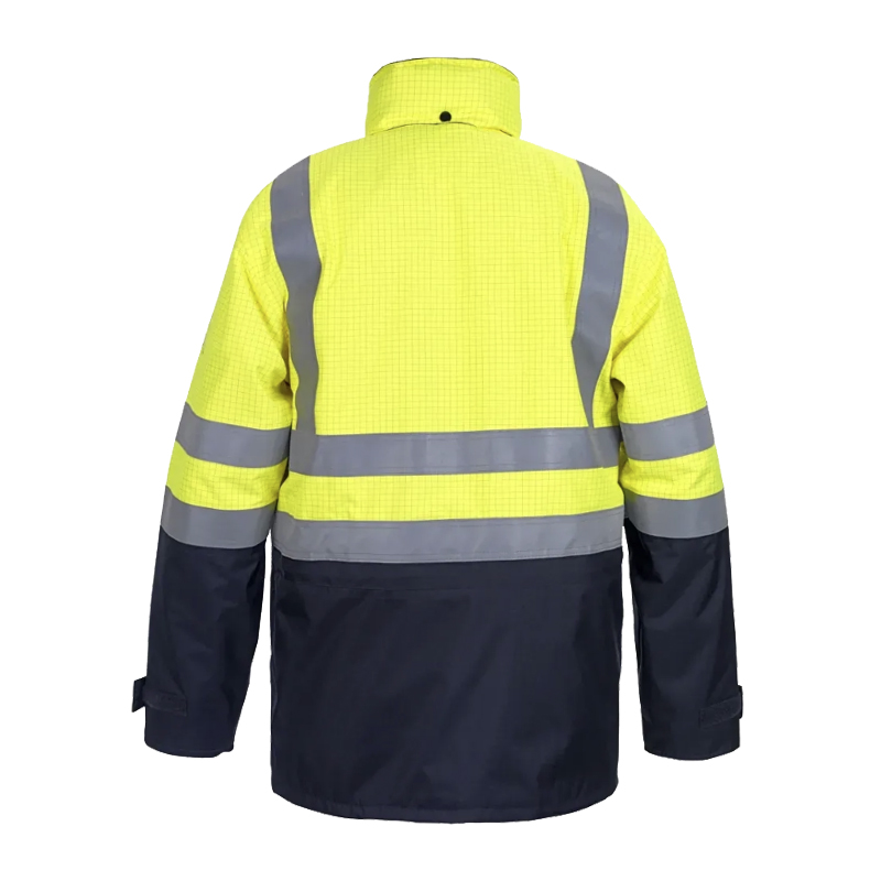 Rückenansicht einer HydroWear Warnschutzjacke in Gelb und Marineblau mit umlaufenden Reflexstreifen und hohem Kragen