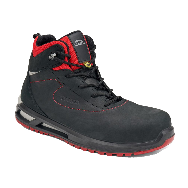 Giasco 3Hybrid ESD KRK S3L Sicherheitsstiefel, knöchelhoch, schwarzes Hydroteck Nubukleder, metallfrei, mit rotem Schaft, textiler Durchtrittschutz und stark dämpfender 3HYBRID-Sohle