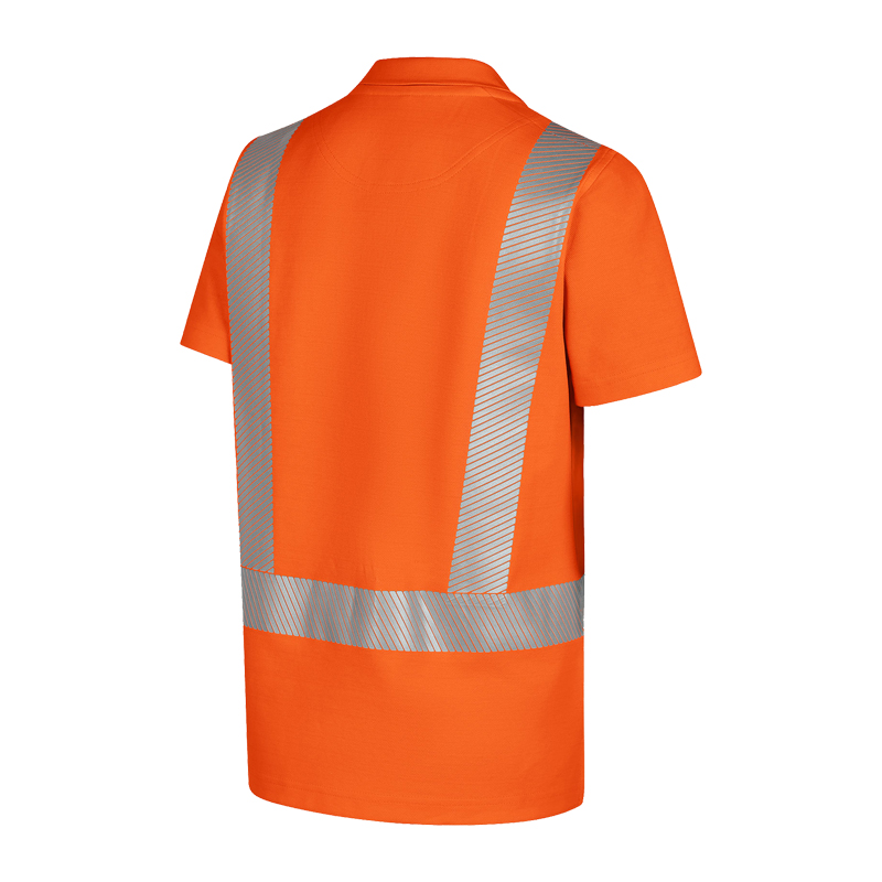 Rückenansicht des BP 2145 Warnschutz Comfort Damen Polo Shirts Klasse 2 von BP Bierbaum Proenen in Orange mit reflektierenden Streifen