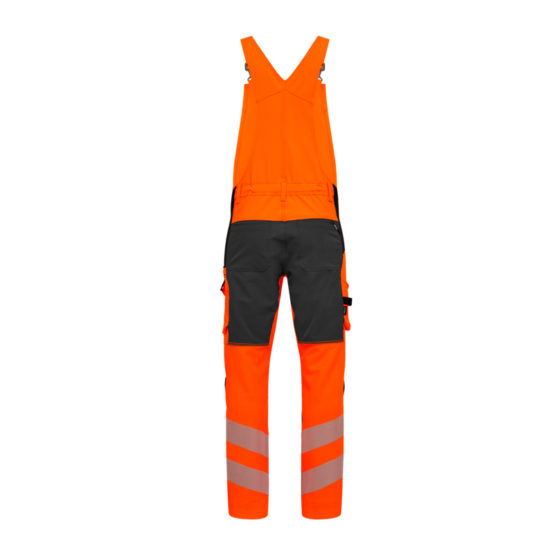 Engel Latzhose in Warnorange mit schwarzen Verstärkungen und Reflexstreifen, robuste Arbeitslatzhose für hohe Sichtbarkeit