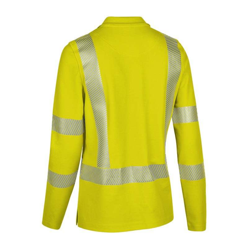 Rückansicht des BP 2147 Warnschutz Damen Langarm-Poloshirts Klasse 2 von BP Bierbaum Proenen in Gelb mit Reflexstreifen